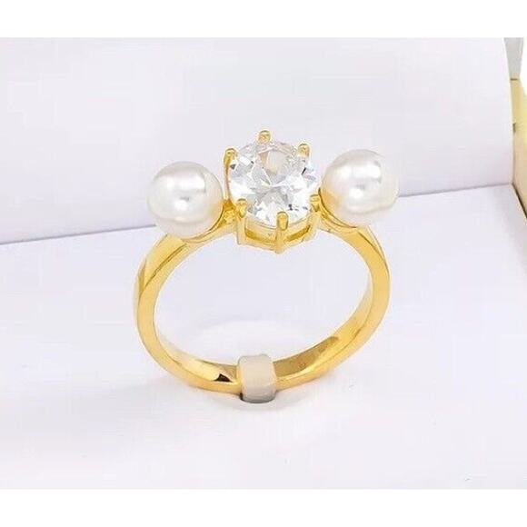 Gold Plated Double Faux Pearl CZ Ring (Size 5)Stylish Women's Fashion Trendy NWT - Picture 1 of 4